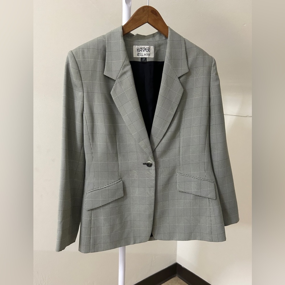 Women’s 10 Petite KASPER A.S.L. Black White Grey Plaid Check Blazer Jacket Coat